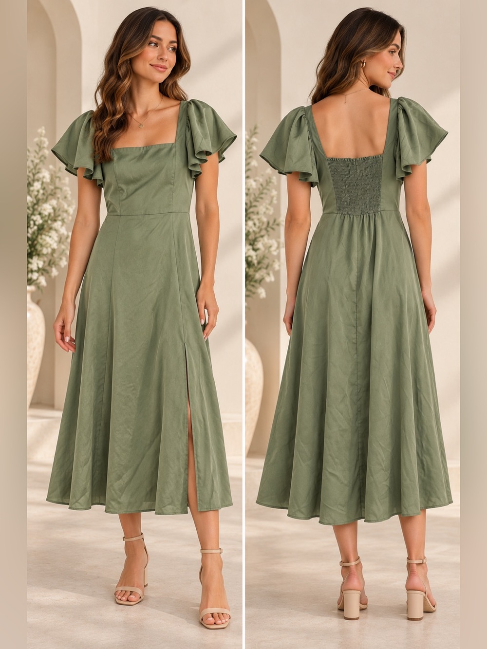 Sage Green Satin Midi Dress XS
